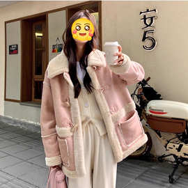 外贸粉色牛角扣羊羔毛外套女2025冬新款韩版甜美减龄保暖皮毛一体