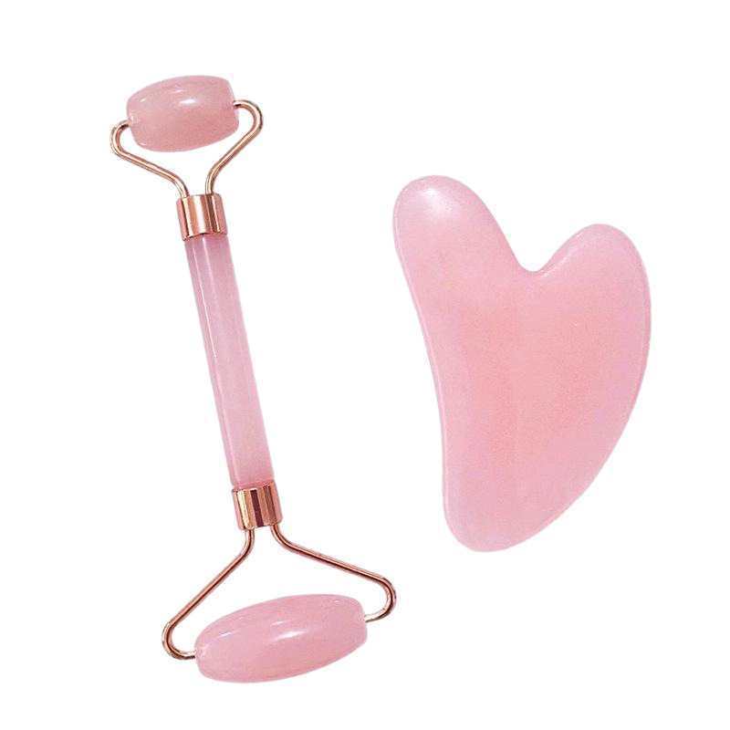 masajeador de rodillos de cristal de polvo en forma de corazón, masajeador de rodillos de doble cabeza, placa de belleza facial de cristal rosa