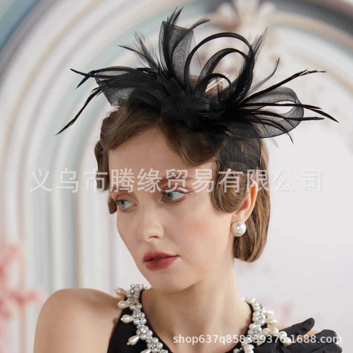 Bridal Feather Mesh Head Flower Bow Tea Party Hat Horse Racing Festival Retro Hair Accessories Amazon Xiyin Headwear