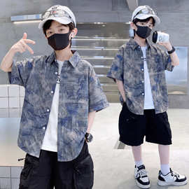 夏季新款男童短袖印花衬衫2026儿童休闲男孩薄款衬衣外套一件代发
