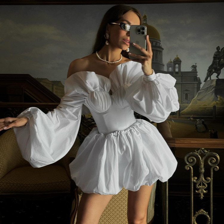 Sexy Draped Women Lantern Sleeve Tube Top Cinched Waist Lace up Top Pettiskirt Two Piece Sets