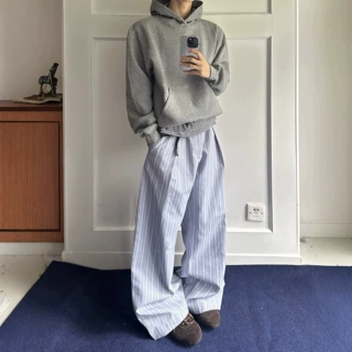 美式通勤淡蓝色条纹打褶a字阔腿裤男宽松百搭日常休闲cleanfit裤