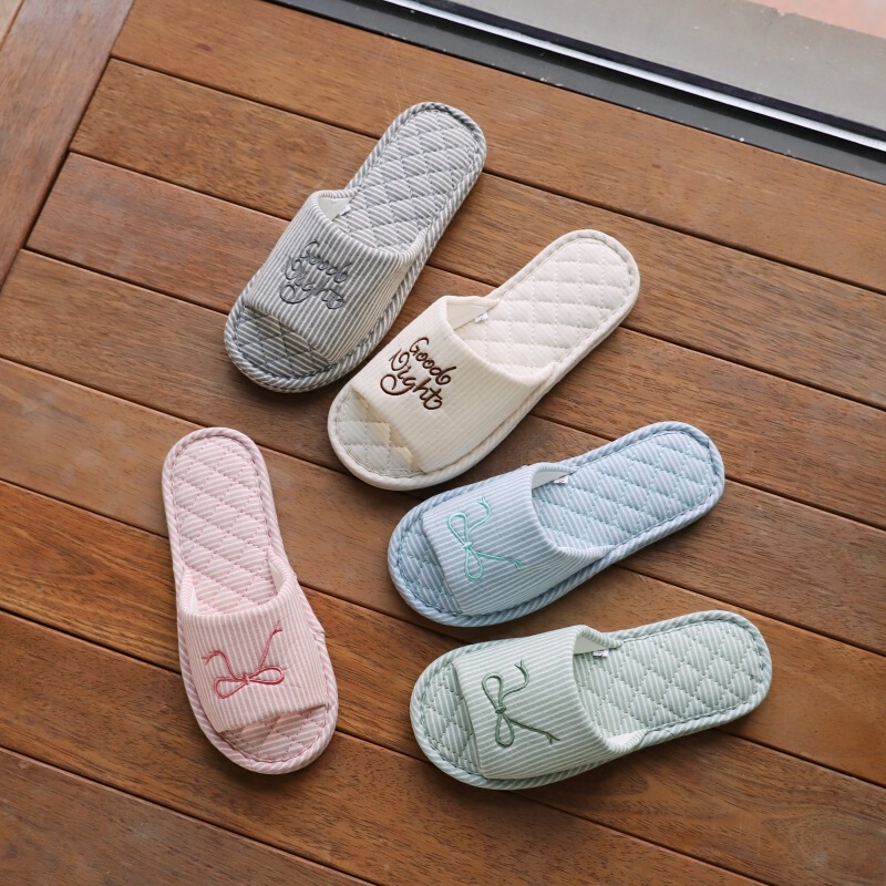 Korean Style Stripesd Embroidered Bow Letter Couple Men and Women Cloth Bottom Rubber Bottom Home Wooden Floor Slippers Slippers