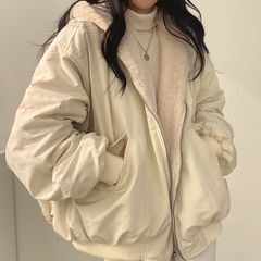 冬季新款加绒加厚外套女韩版两面穿毛绒棉服女宽松拉链连帽棉衣女
