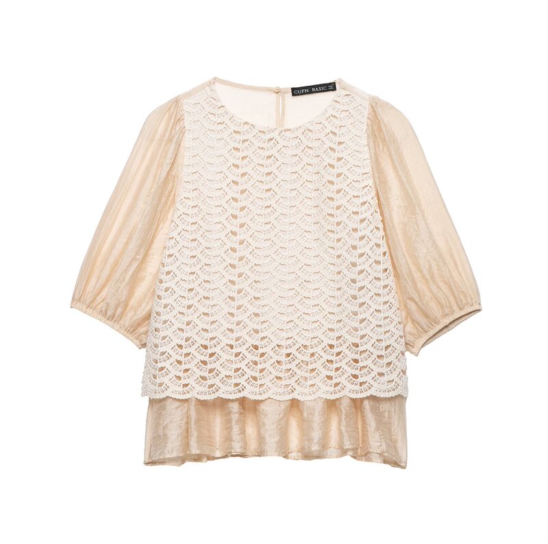 European and American style summer women's clothing: retro-inspired, patchwork hem, crochet detailing, round neckline, and puff sleeves