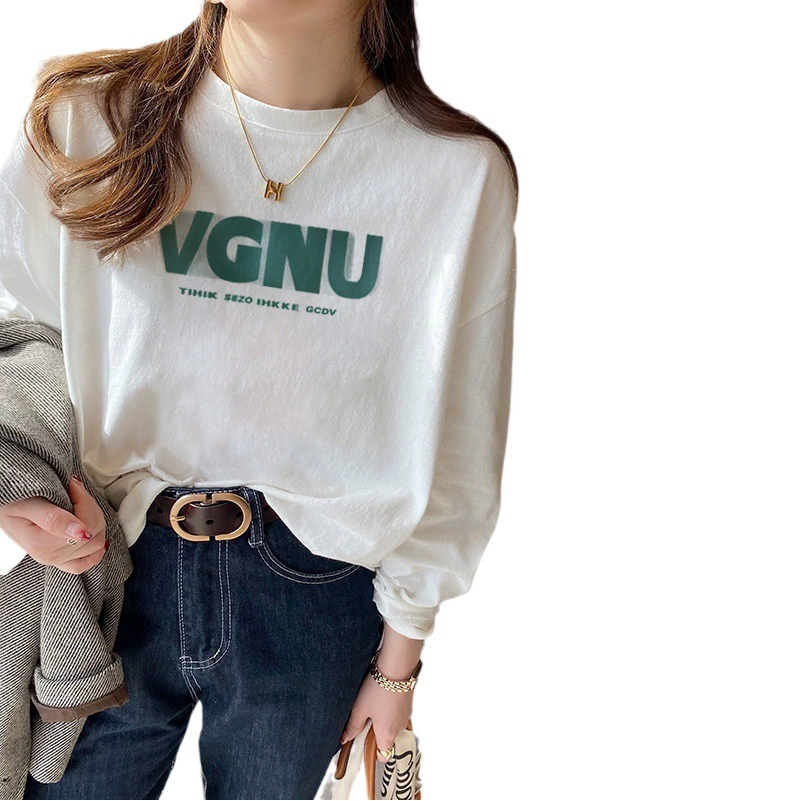 Белая футболка с длинными рукавами, Женская хлопковая Свободная рубашка на раннюю осень 2023, новая Базовая рубашка с круглым вырезом внутри, осенне-зимний топ с буквами