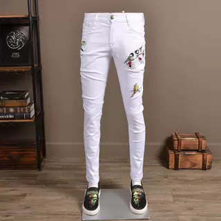 欧洲站夏薄款白色牛仔裤男弹力修身小脚潮牌刺绣高端水洗休闲白裤