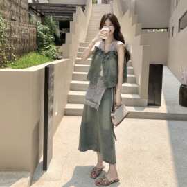 韩系甜酷风蕾丝花边牛仔马甲毛边鱼尾半身裙套装女夏季复古两件套