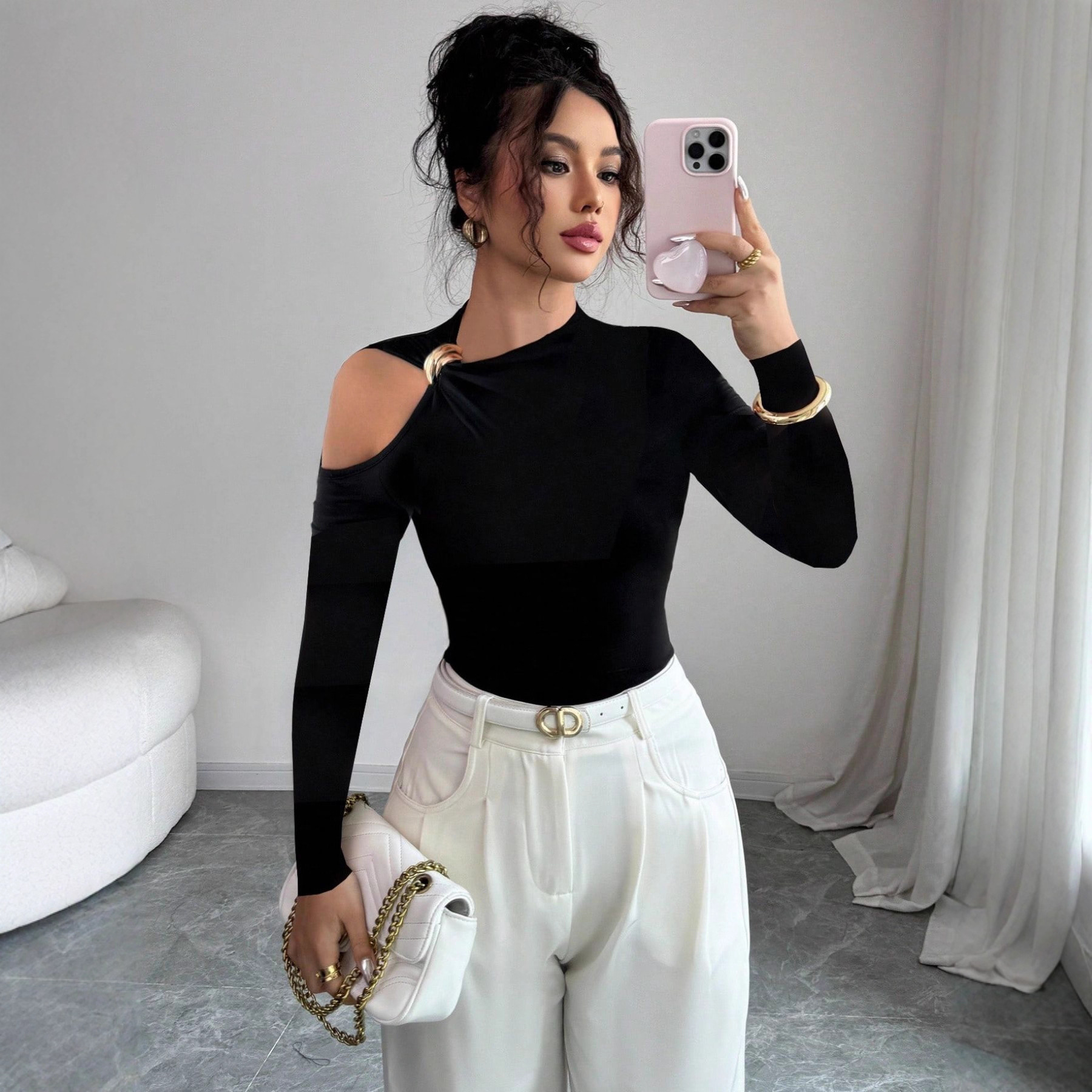 European and American Cross-Border 2025 Autumn and Winter New Style Asymmetrical Collar Single Side Off-Shoulder Metal Decoration Slimming Look Top