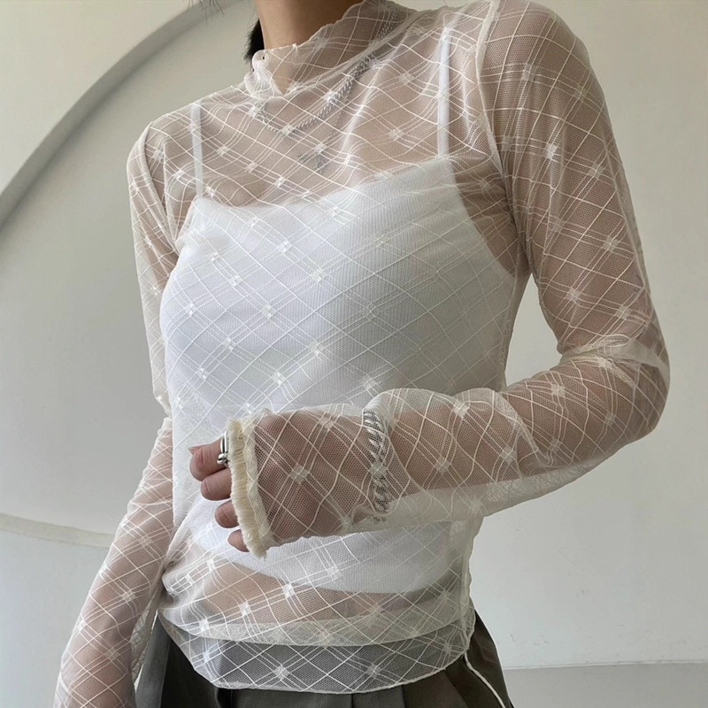 2-Color Autumn and Winter Basic Korean New Style Cuffs with Tassels and Lace Mesh Lace Bottoming Shirt Long-Sleeved T-Shirt