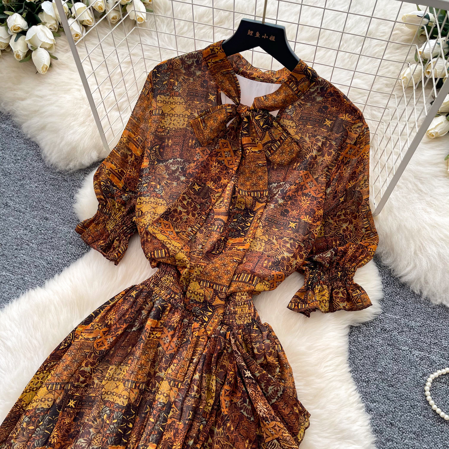 Retro Printed Dress Short Sleeved a Line Skirt Long Slimming Elegant Summer Women's Clothing_ecoleips.com
