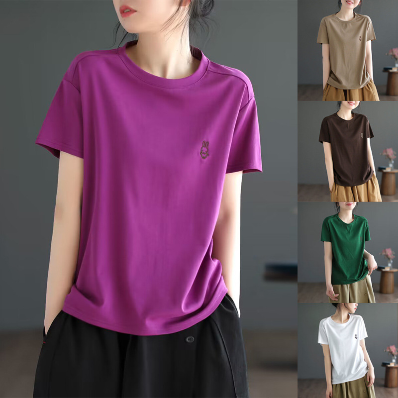 Casual Artistic Solid Color Embroidered Rabbit Short-sleeved Top Women's All-match T-shirt Large Size Women's Base Shirt for Spring and Summer