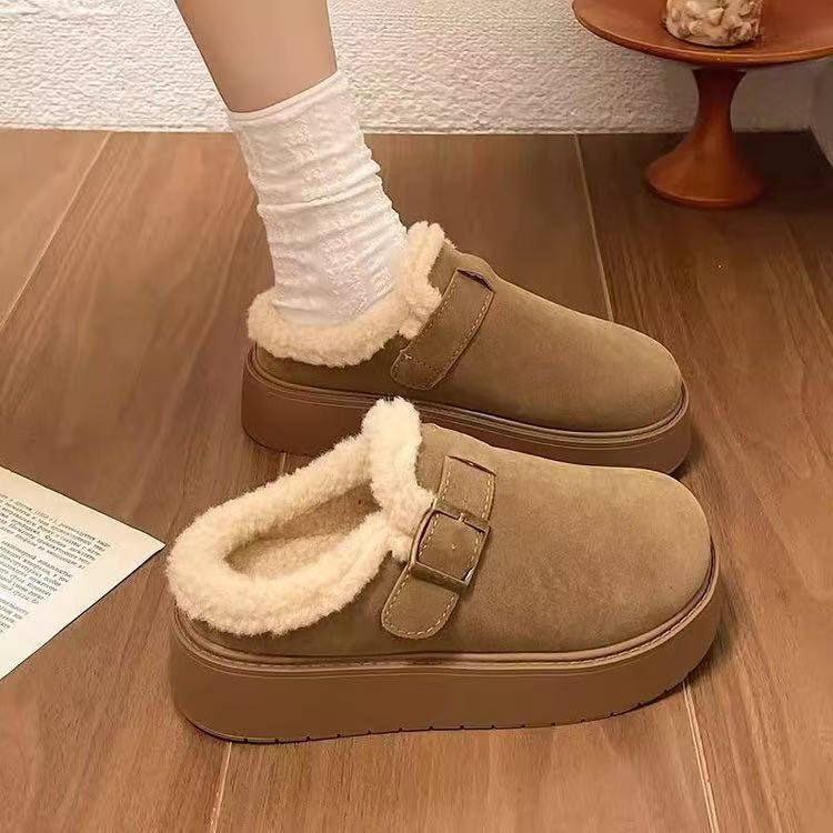 Thick-Soled Birkenstock Women's Shoes, Furry Slippers for Women, New 2025 Autumn and Winter Style, Plush Cotton Shoes, Closed-Toe Half-Slip Snow Boots