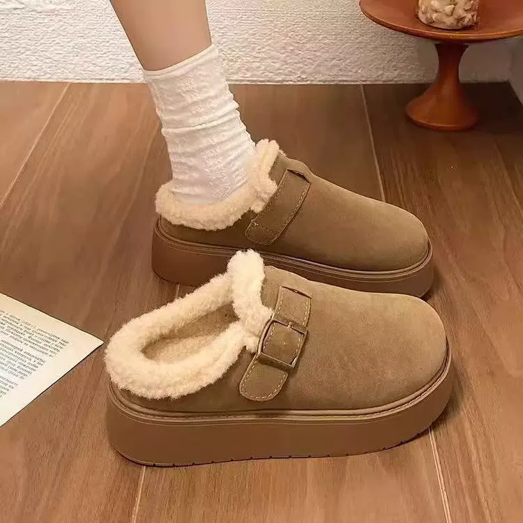 厚底勃肯女鞋毛毛拖鞋女外穿2025新款秋冬加绒棉鞋包头半拖雪地靴