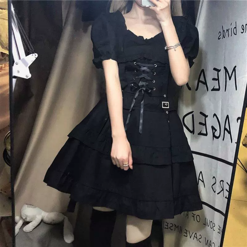 Темная женская одежда Новый летний новый летний торт Sen Tower Cake Тонкая юбка Черный японский костюм для волос