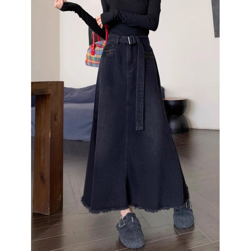 レトロなローエッジの大きな裾のデニムスカート、女性用春夏の新しいハイウエストスリムでドレープ感のある万能なミドル丈のAラインスカート|undefined