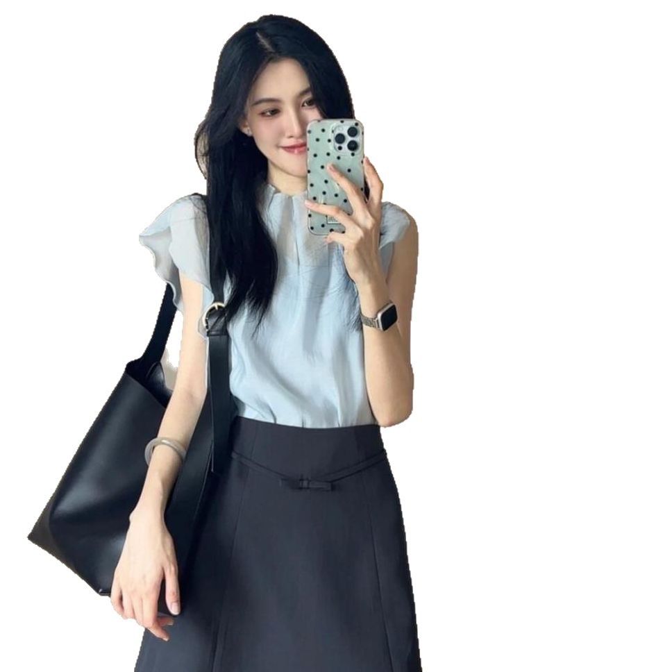 Áo voan nữ tay bay xếp diềm cổ điển Pháp — Váy ngắn nơ đen