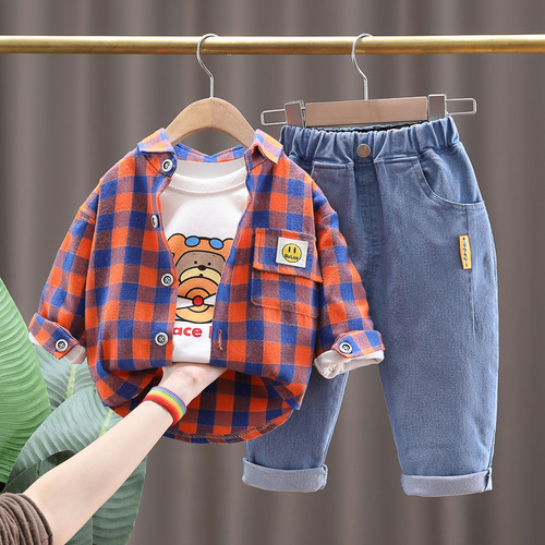 童装套装春秋婴幼童格子棒球服拉链外套衬衫2022婴童套装一件代发