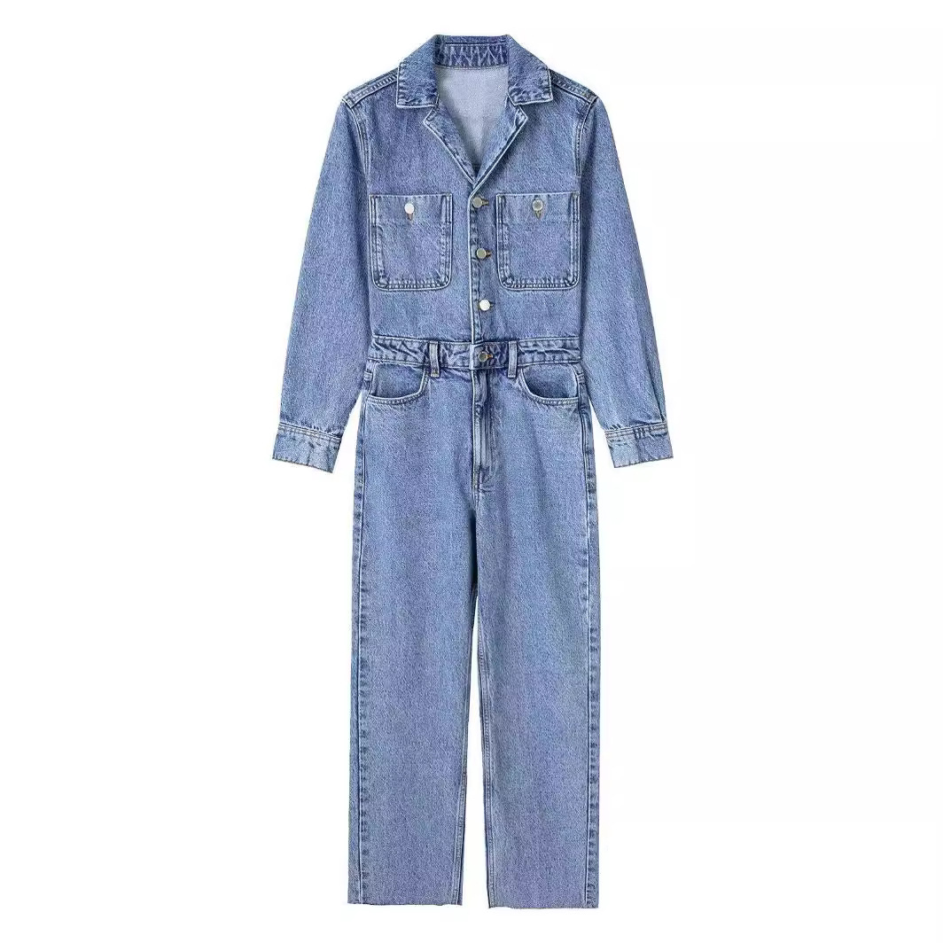 Women's Clothing Spring and Autumn New Women's Suit Collar Pocket Decoration Waist Straight Denim Jumpsuit Trousers_voghion.com