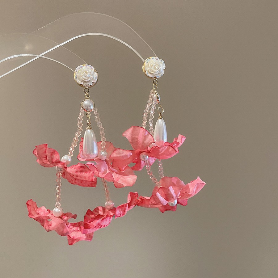 Pendientes de borla de flores de gasa de aguja de plata Pendientes de dopamina de bosque dulce Pendientes de todo fósforo de tendencia de nicho Mujeres al por mayor