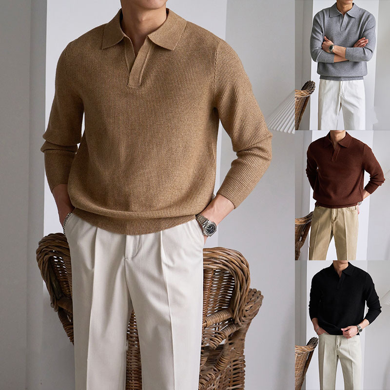 Polo Shirt with V-Neck Knit Sweater for Men, Old Money Style, Short-Sleeve Business High-End Long-Sleeve Spring and Autumn Foreign Trade Cross-Border Polo Shirt with V-Neck Knit Sweater for Men, Old Money Style, Short-Sleeve Business High-End Long-Sleeve Spring and Autumn Foreign Trade Cross-Border