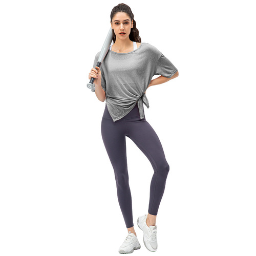 New spring and summer women's loose sports blouse, light and breathable running T-shirt with split ends, quick-drying yoga short sleeves 22225