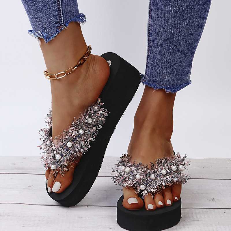 Tassel Open Toe Pearl Flip Flops NSKJX104267