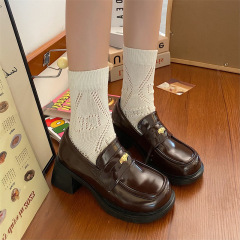 錦覓 法式樂福鞋女2022新款秋冬棕色小個子增高粗跟英倫小皮鞋女