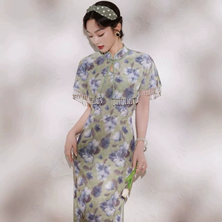 夏露2026年秋季新款旗袍丝绒改良两件套修身长款气质绿色年轻款女