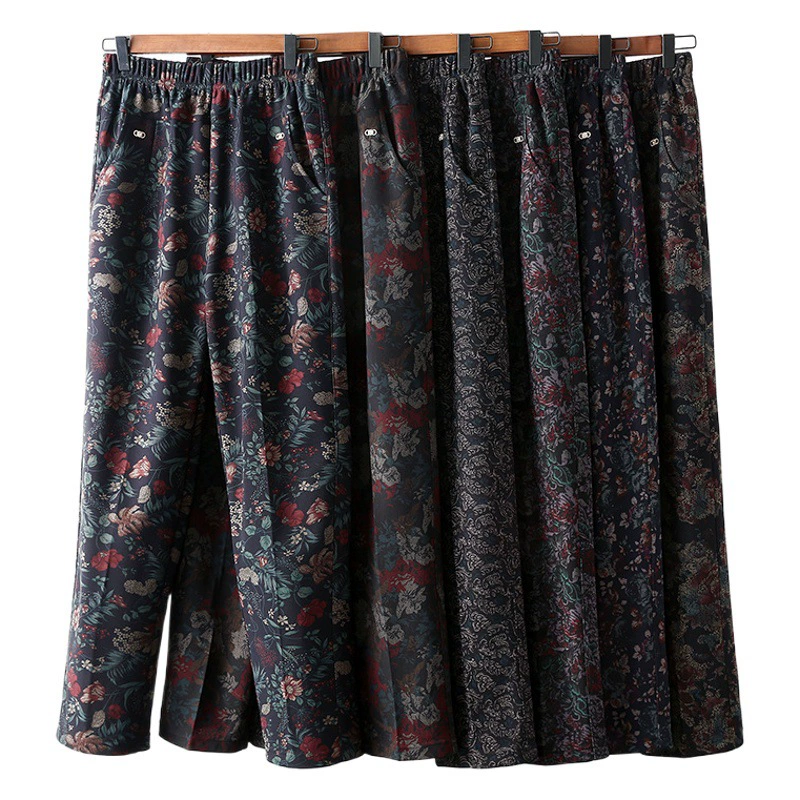 Брюки Для Бабушек Свободные свободные брюки для старых леди больших размеров с талией Женские брюки среднего возраста Прямые брюки с принтом Плюс толстые большие размеры