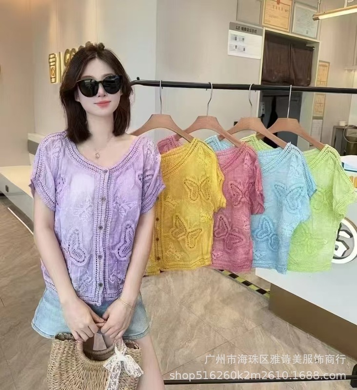 夏季高级感钩花镂空V领短袖针织衫女新款别致减龄显瘦开衫上衣潮|undefined