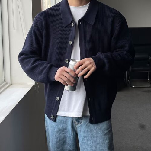 Korean lapel single-breasted sweater for autumn and winter new simple casual loose cardigan sweater outer for boys