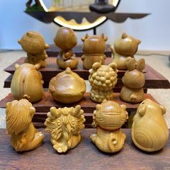 Yabai wood carving of the twelve zodiac signs complete set of mouse, ox, tiger, rabbit, dragon, snake, horse, sheep, monkey, chicken, dog and pig car ornaments hand play pieces 