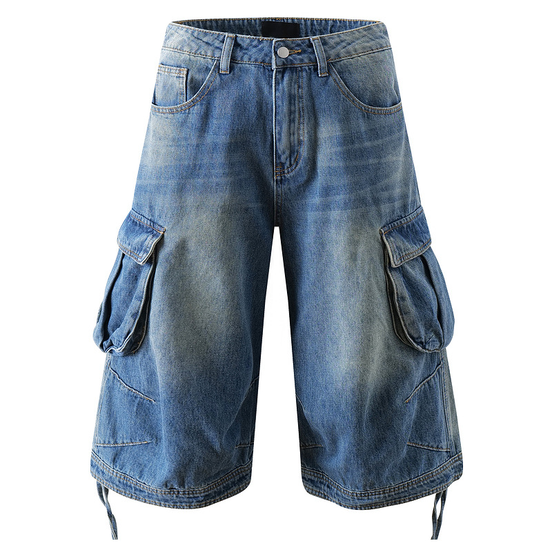 American Retro Washed Multi-Pocket Cargo Jeans for Men with Pleated Design, Loose Fit, and Drapey Cropped Pants