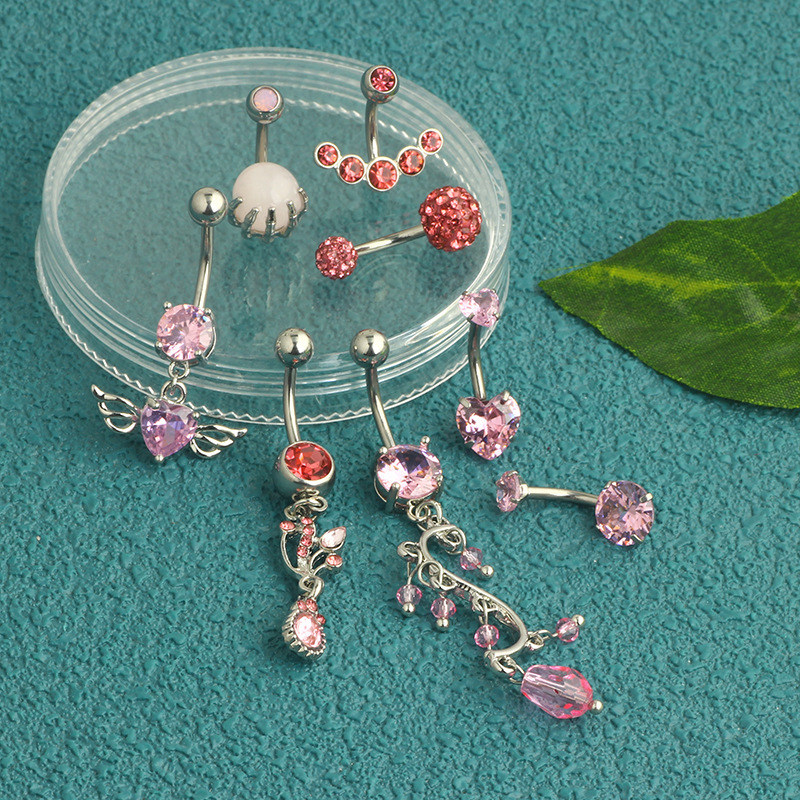 Amazon Popular 8 Piece Navel Love Wings Pink Series Navel Ring Earrings Piercing Products detail image 7