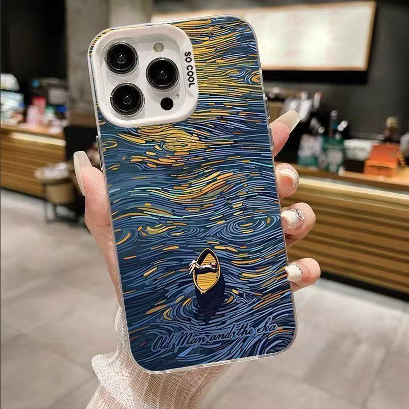 Funda para teléfono con diseño de océano pintado al óleo, compatible con Apple 17 Pro Max, funda personalizada y energética para iPhone 16/15/14/13, estilo europeo y americano.