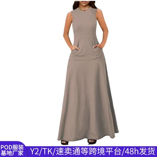 亚马逊跨境女士优雅无袖A字裙纯色圆领无袖带口袋长款大码女装裙