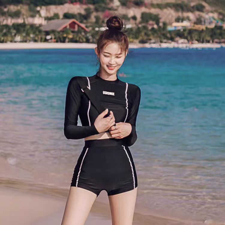 Korean New High-Waisted Split Black Long-Sleeved Small Boxer Conservative Slimming Look Two-Piece Women's Sun Protection Swimsuit
