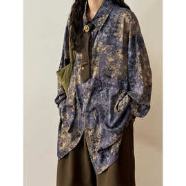 2025港风春季新款美式复古新中式蒲公英印花紫色长袖衬衫上衣女潮