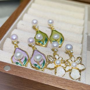 Middle Ancient Enamel Oil Painting Wind Earrings Natural Freshwater Pearl Earrings Ins Light Luxury High-end Ear Accessories Small Style