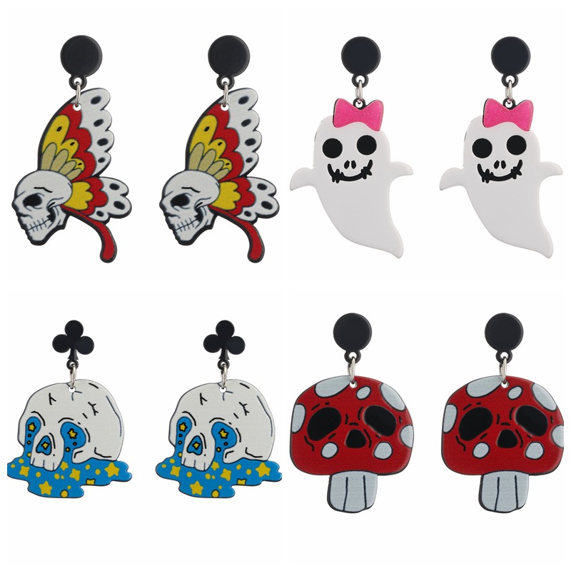 Cruz-frontera cráneo de la mariposa de Halloween pendientes de la personalidad de la moda de acrílico seta cabeza fantasma elfo pendientes