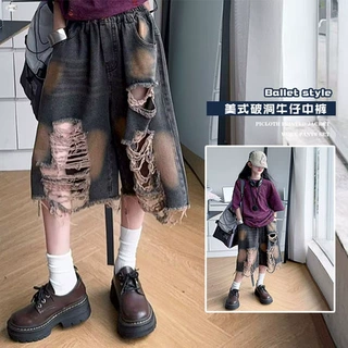 女童夏装套装2025新款洋气中大童扎染短袖T女孩做旧牛仔中裤两件