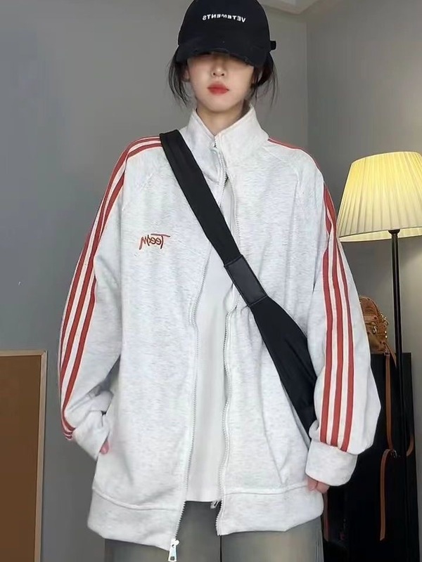 复古美式立领三条杠卫衣外套女春秋新款宽松休闲棒球运动夹克上衣|undefined