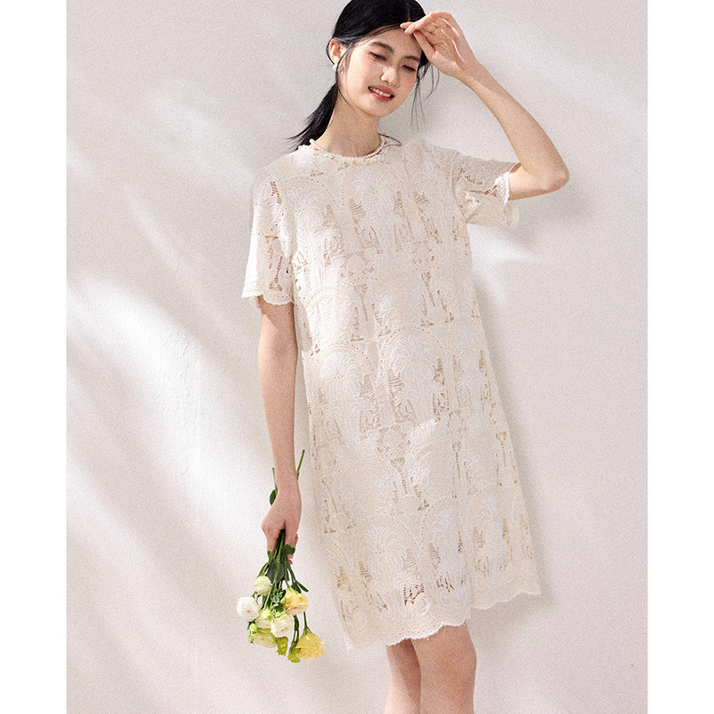 [Shengdu] 26 Spring/Summer New French Retro Socialite Style 100% Cotton Lace Exquisite Hollow Embroidery Dress for Women