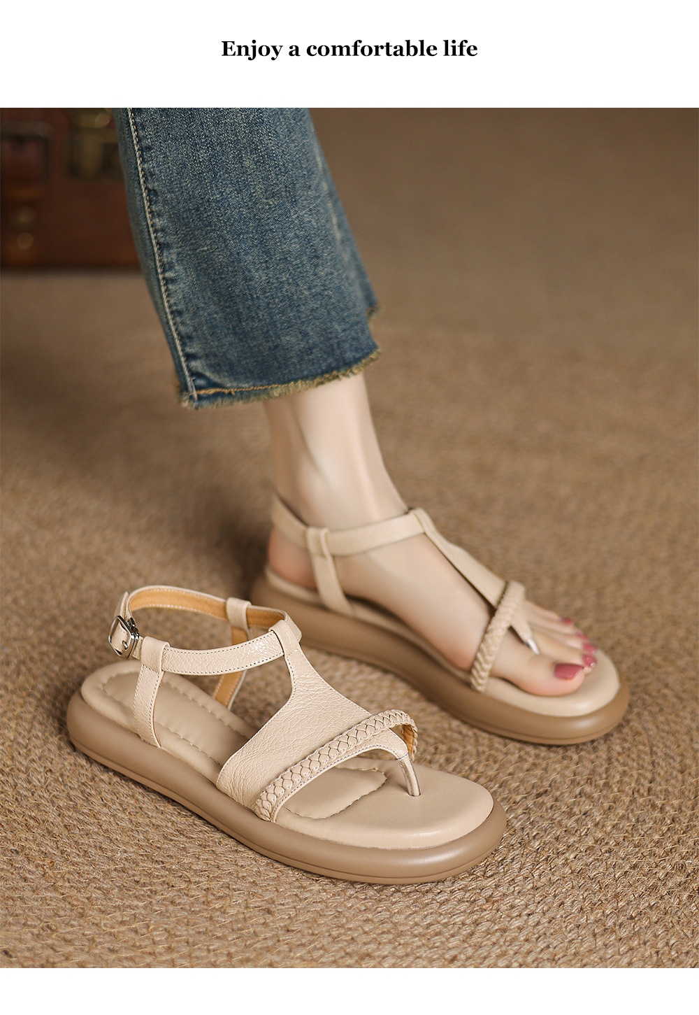 Sandal nữ quai chữ V đế bệt phong cách đi biển — màu trắng ngà chi tiết 9