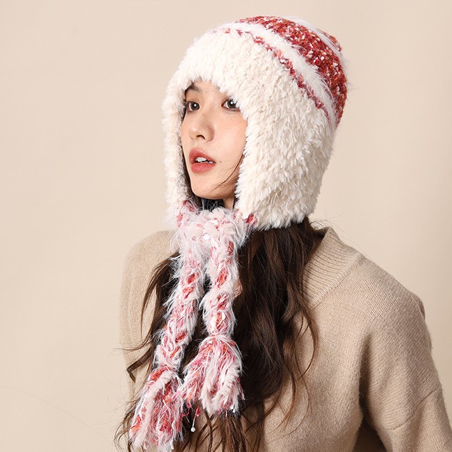 Cappello di lana lavorato a maglia con lacci colorati per donna autunno inverno nuovo caldo protezione per le orecchie e fascia per la testa a strisce colorate_voghion.com