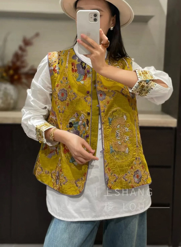 欧美早春款无敌爆款高端女装 重工中式刺绣龟裂纹马甲复古国风外|undefined