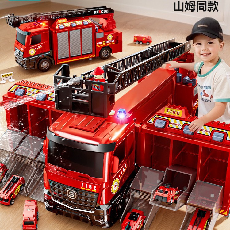 Sam Multifunctional Fire Truck Toy Boy Large Police Car Track Water Spray Deformation Kidsren's Birthday Gift 3 Years Old 6
