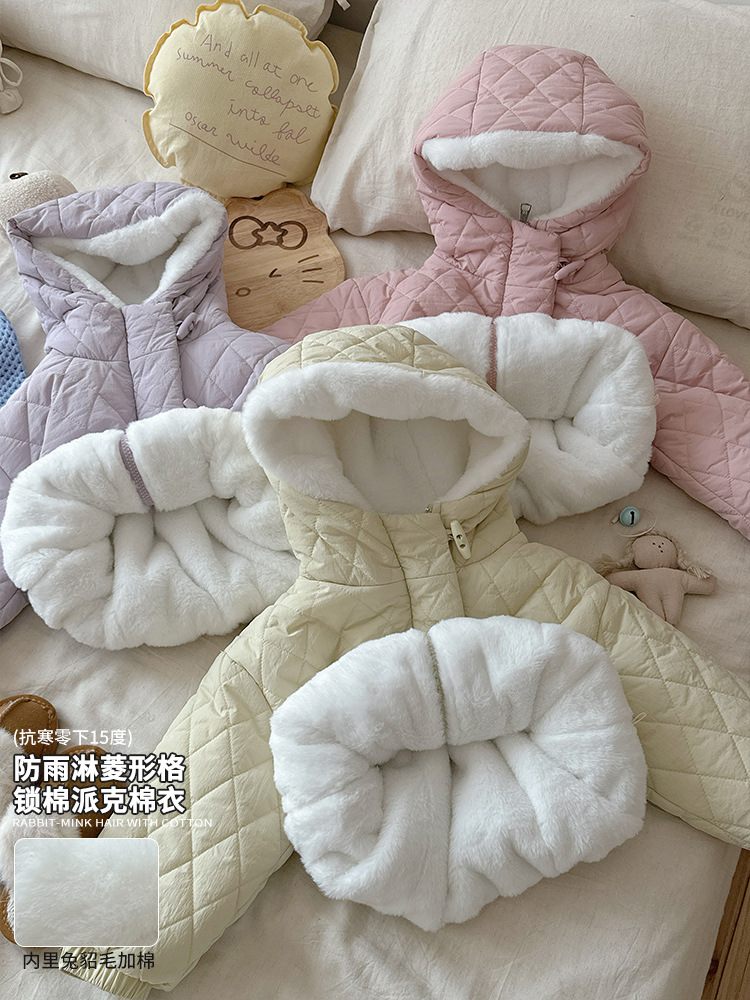 [en stock] chaqueta de algodón de invierno para niñas 2025 nuevo tipo de piel de conejo para niños con camisa de algodón espesa y dulce