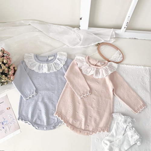 Cutemily Baby Girl Knitted Jumpsuit Ruffled Collar Romper Girls' Thin Spring and Autumn Long-Sleeved Embroidered Triangle Bodysuit
